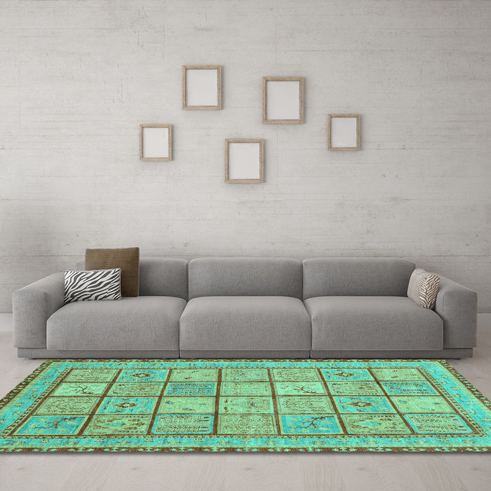 Machine Washable Abstract Turquoise Modern Area Rugs in a Living Room,, wshabs3966turq