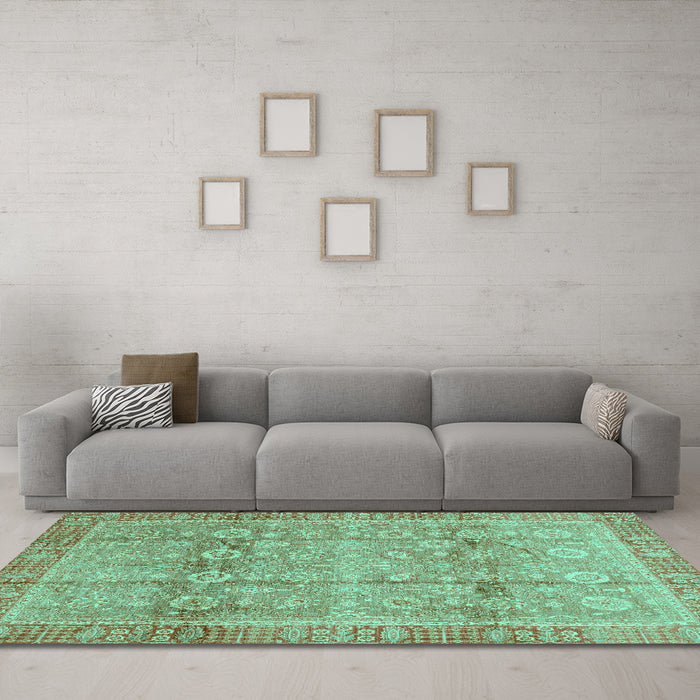 Machine Washable Oriental Turquoise Traditional Area Rugs in a Living Room,, wshabs3968turq