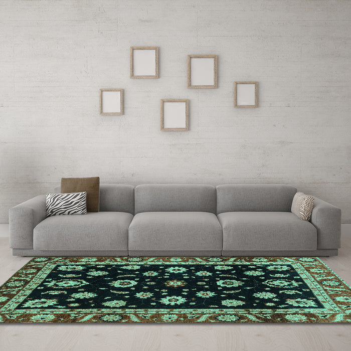 Machine Washable Oriental Turquoise Traditional Area Rugs in a Living Room,, wshabs3969turq