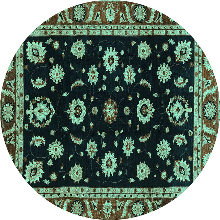 Round Machine Washable Oriental Turquoise Traditional Area Rugs, wshabs3969turq