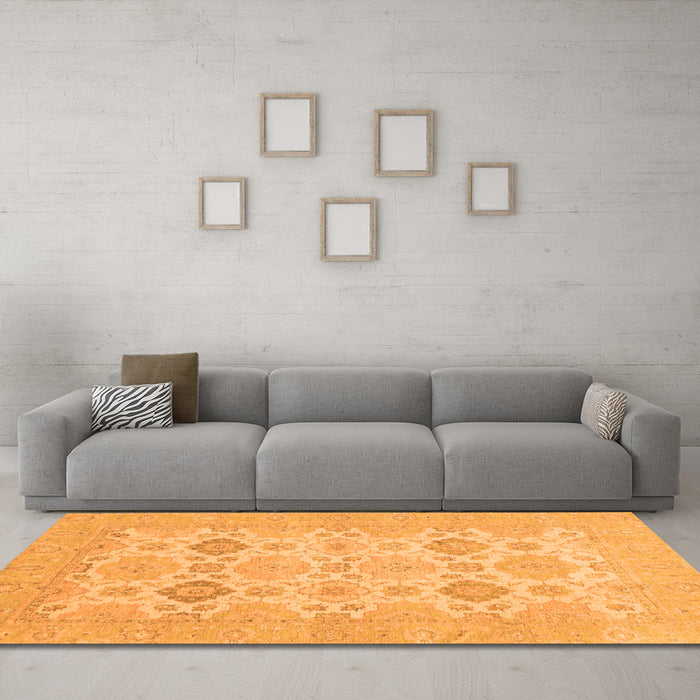 Machine Washable Abstract Orange Modern Area Rugs in a Living Room, wshabs3972org