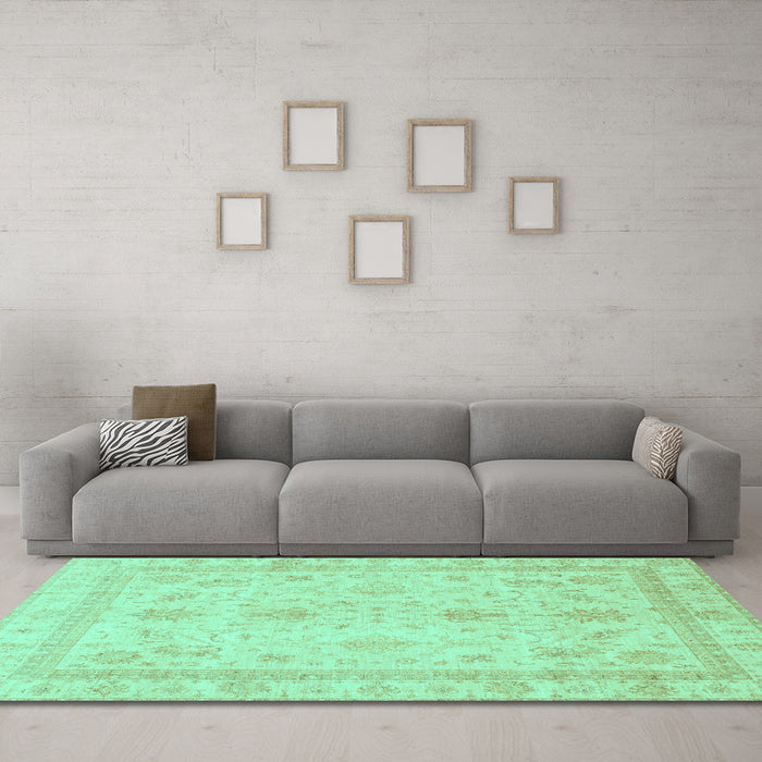 Machine Washable Oriental Turquoise Traditional Area Rugs in a Living Room,, wshabs3977turq