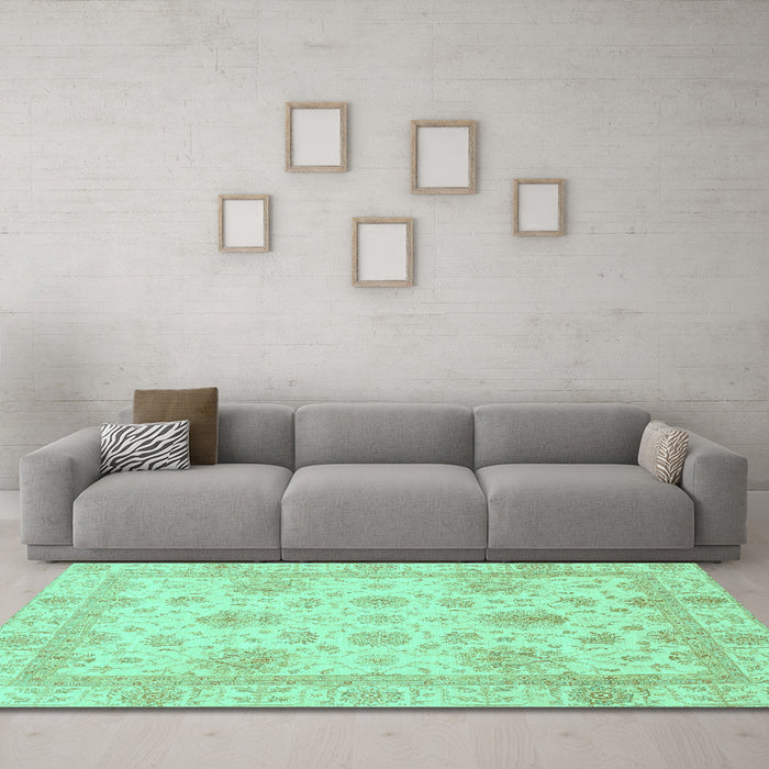 Machine Washable Oriental Turquoise Modern Area Rugs in a Living Room,, wshabs3980turq