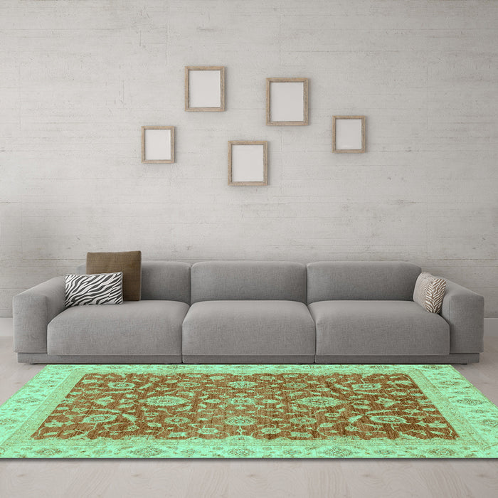 Machine Washable Oriental Turquoise Traditional Area Rugs in a Living Room,, wshabs3981turq