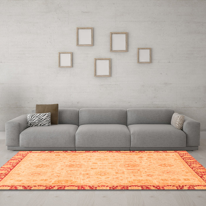 Machine Washable Abstract Orange Modern Area Rugs in a Living Room, wshabs3982org