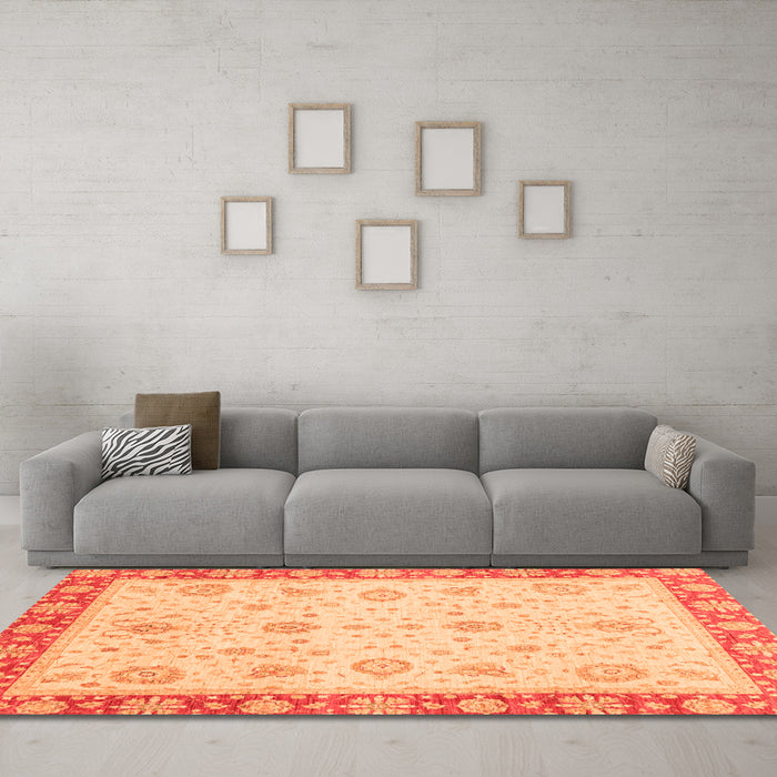 Machine Washable Abstract Orange Modern Area Rugs in a Living Room, wshabs3983org