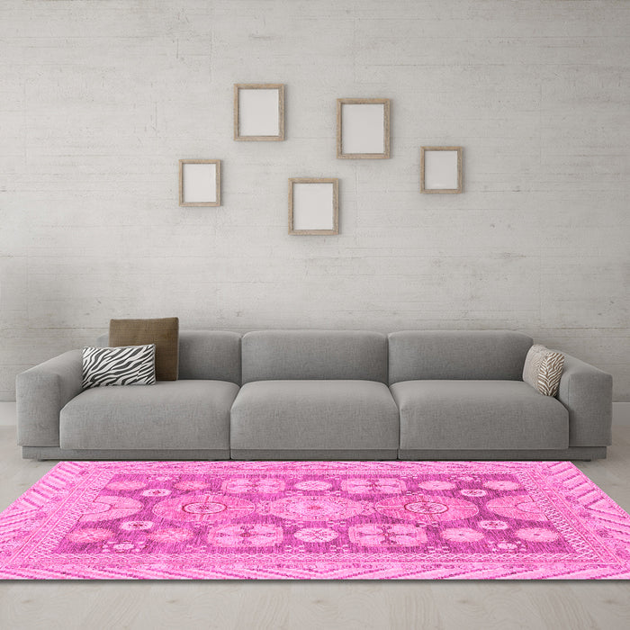 Machine Washable Oriental Pink Traditional Rug in a Living Room, wshabs3984pnk