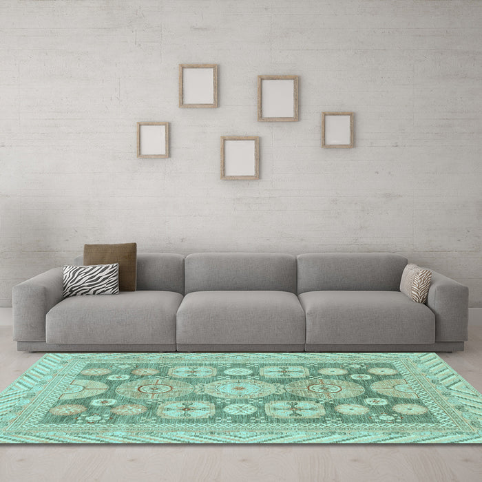 Machine Washable Oriental Light Blue Traditional Rug in a Living Room, wshabs3984lblu