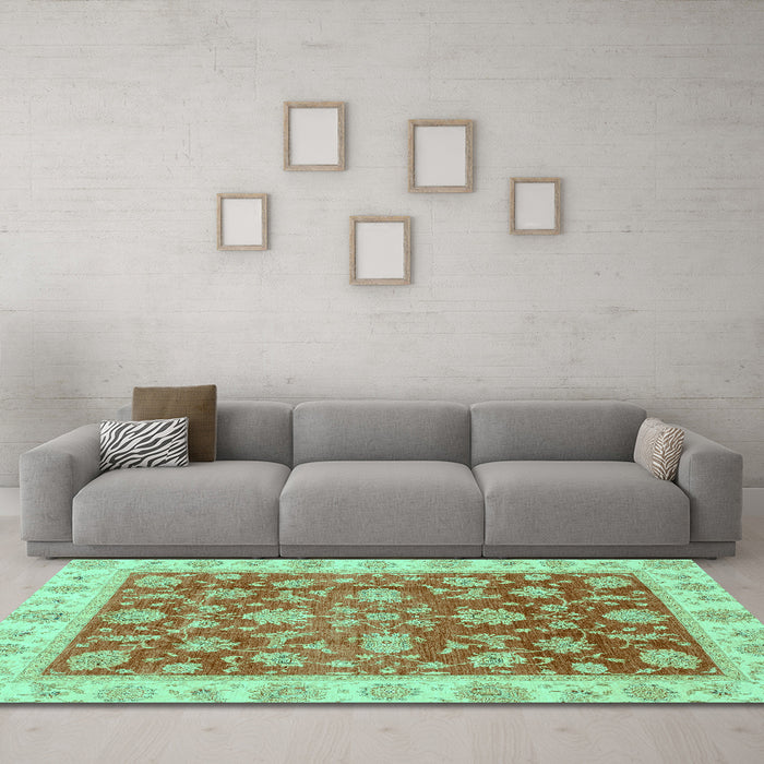 Machine Washable Oriental Turquoise Traditional Area Rugs in a Living Room,, wshabs3985turq