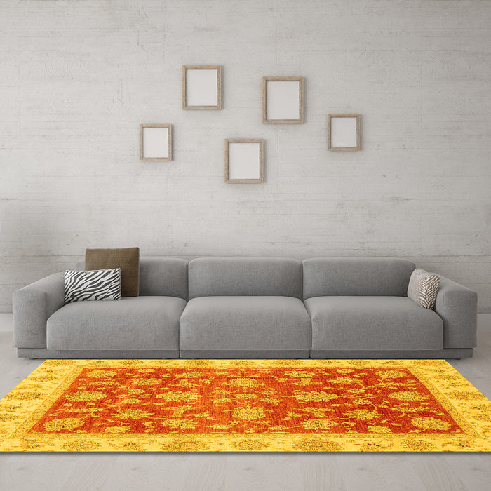 Machine Washable Oriental Yellow Traditional Rug in a Living Room, wshabs3985yw