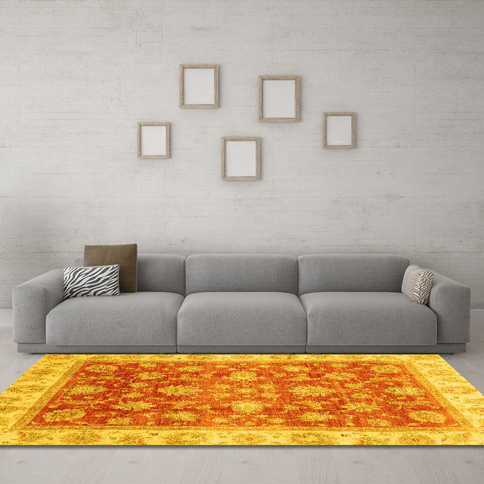 Machine Washable Oriental Yellow Traditional Rug in a Living Room, wshabs3987yw