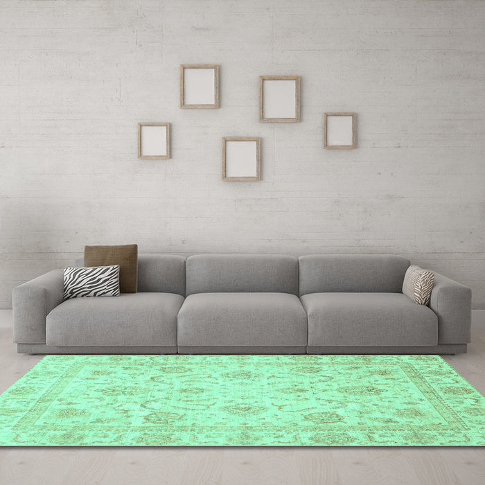 Machine Washable Oriental Turquoise Traditional Area Rugs in a Living Room,, wshabs3988turq