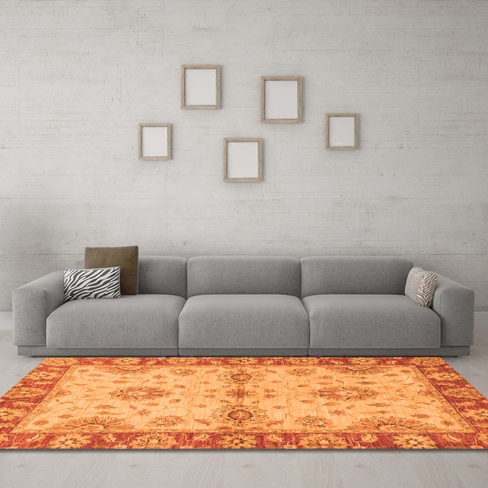 Machine Washable Abstract Orange Modern Area Rugs in a Living Room, wshabs3991org