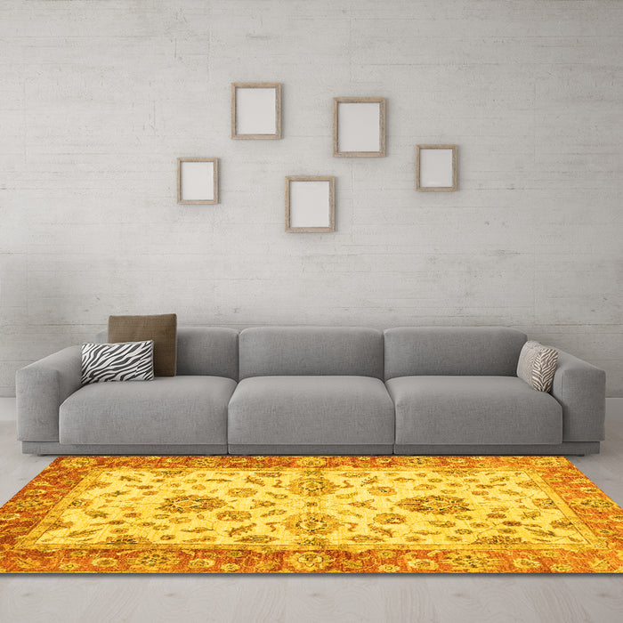 Machine Washable Oriental Yellow Traditional Rug in a Living Room, wshabs3992yw