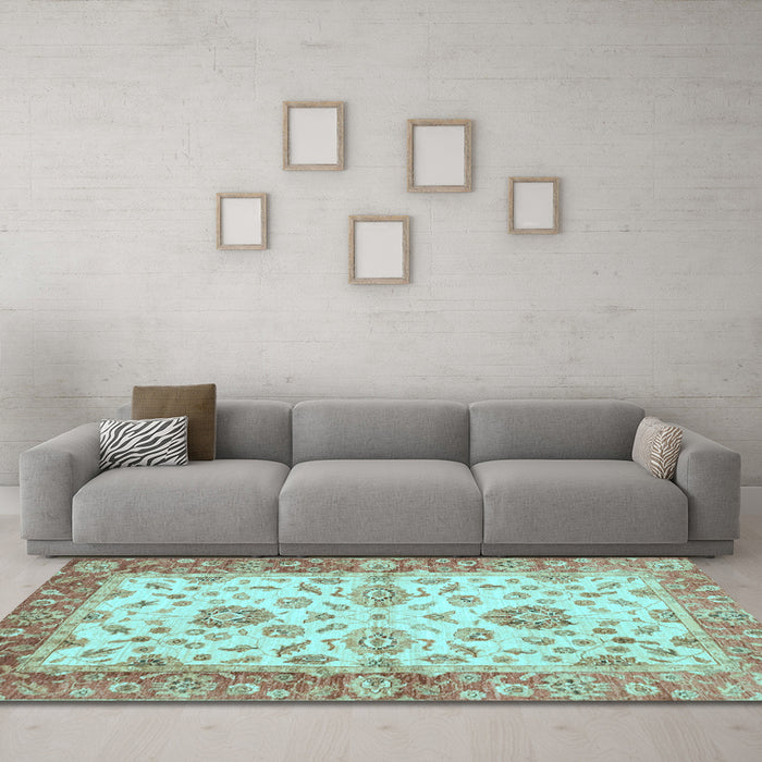 Machine Washable Oriental Light Blue Traditional Rug in a Living Room, wshabs3992lblu