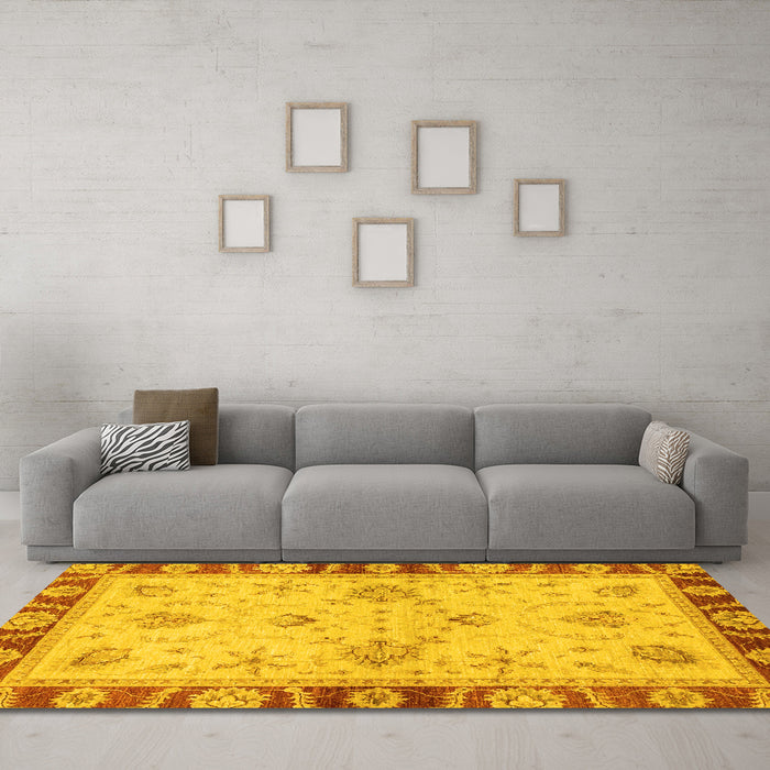 Machine Washable Oriental Yellow Traditional Rug in a Living Room, wshabs3993yw