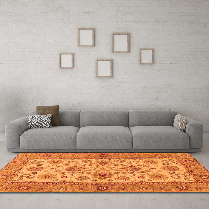 Machine Washable Abstract Orange Modern Area Rugs in a Living Room, wshabs3997org