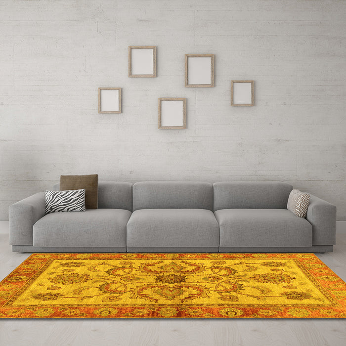 Machine Washable Abstract Yellow Modern Rug in a Living Room, wshabs3998yw
