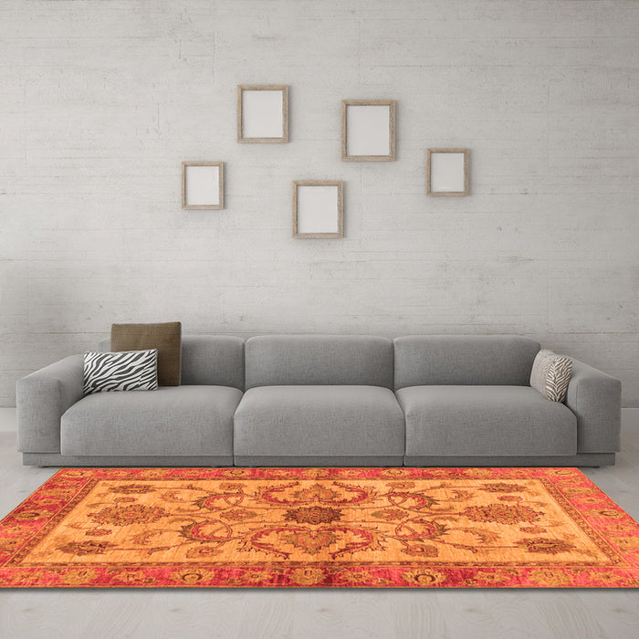 Machine Washable Abstract Orange Modern Area Rugs in a Living Room, wshabs3998org
