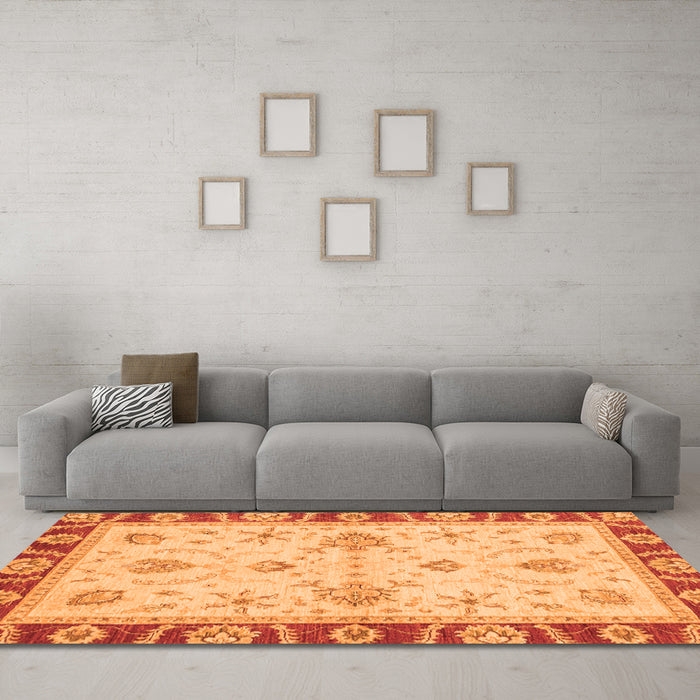 Machine Washable Abstract Orange Modern Area Rugs in a Living Room, wshabs3999org