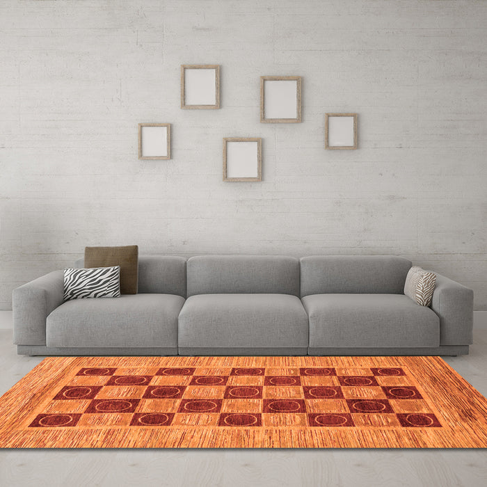Machine Washable Checkered Orange Modern Area Rugs in a Living Room, wshabs3org