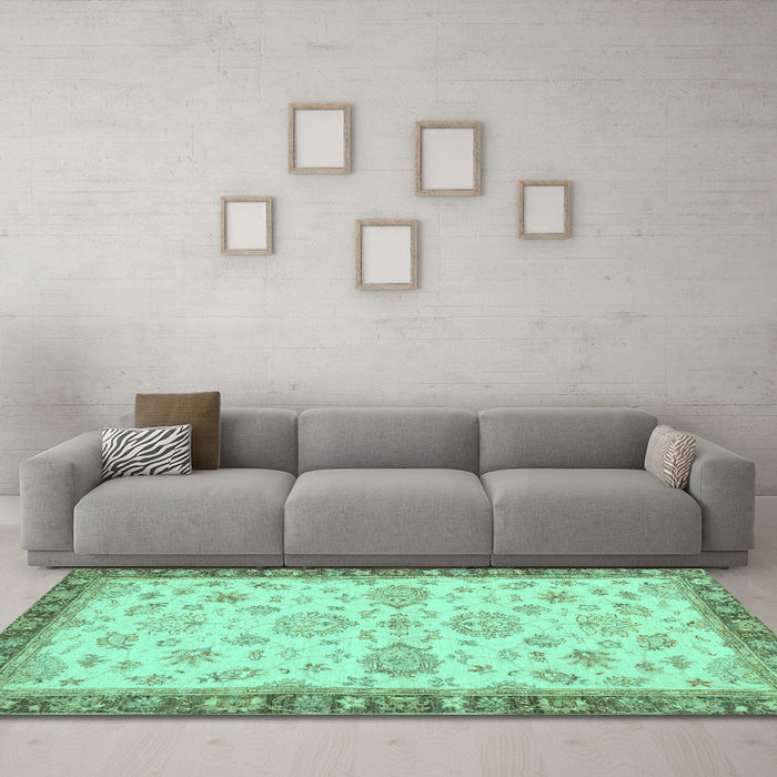 Machine Washable Oriental Turquoise Traditional Area Rugs in a Living Room,, wshabs4000turq