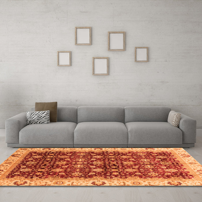 Machine Washable Abstract Orange Modern Area Rugs in a Living Room, wshabs4001org