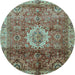 Round Machine Washable Oriental Light Blue Modern Rug, wshabs4002lblu