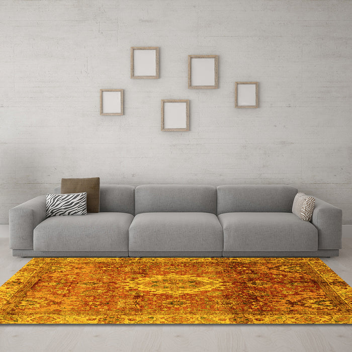 Machine Washable Oriental Yellow Modern Rug in a Living Room, wshabs4002yw