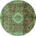 Round Machine Washable Oriental Turquoise Modern Area Rugs, wshabs4002turq