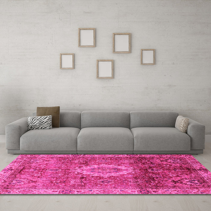 Machine Washable Oriental Pink Modern Rug in a Living Room, wshabs4002pnk