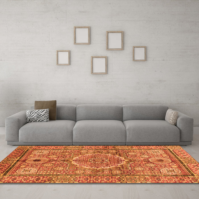 Machine Washable Abstract Orange Modern Area Rugs in a Living Room, wshabs4004org
