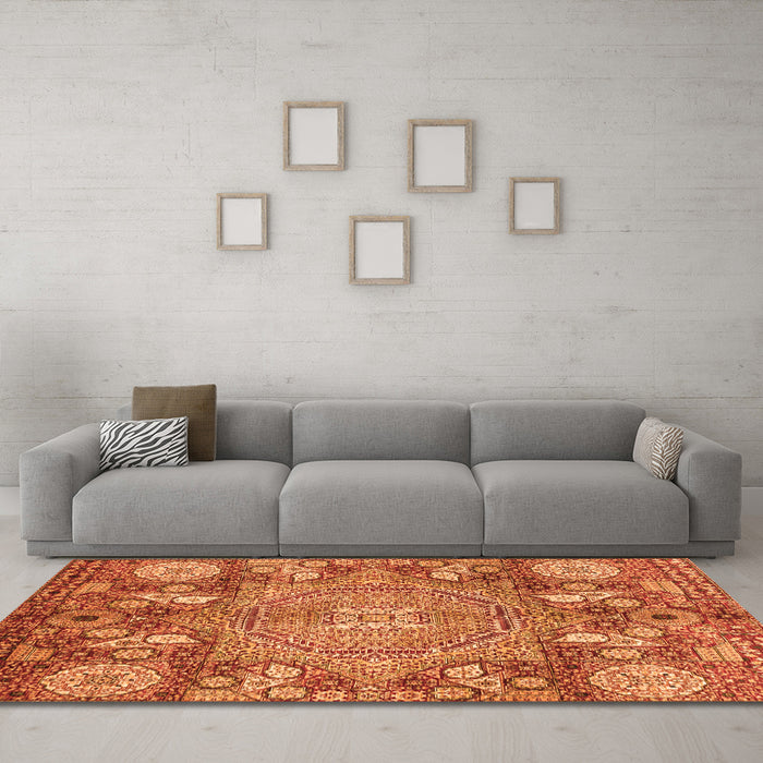 Machine Washable Abstract Orange Modern Area Rugs in a Living Room, wshabs4005org