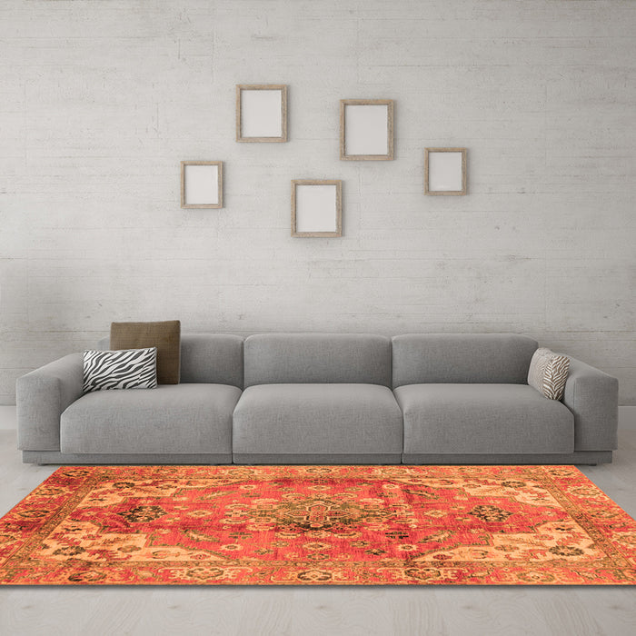Machine Washable Abstract Orange Modern Area Rugs in a Living Room, wshabs4006org