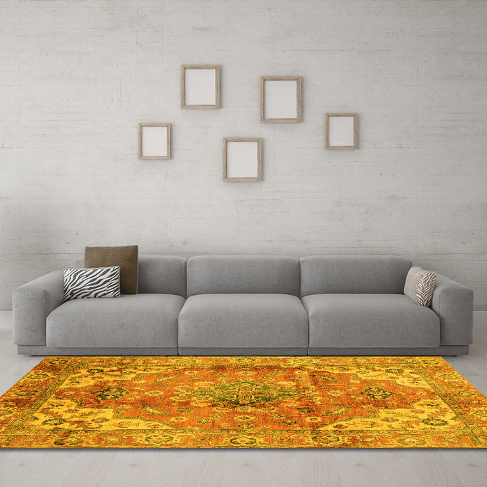 Machine Washable Abstract Yellow Modern Rug in a Living Room, wshabs4006yw