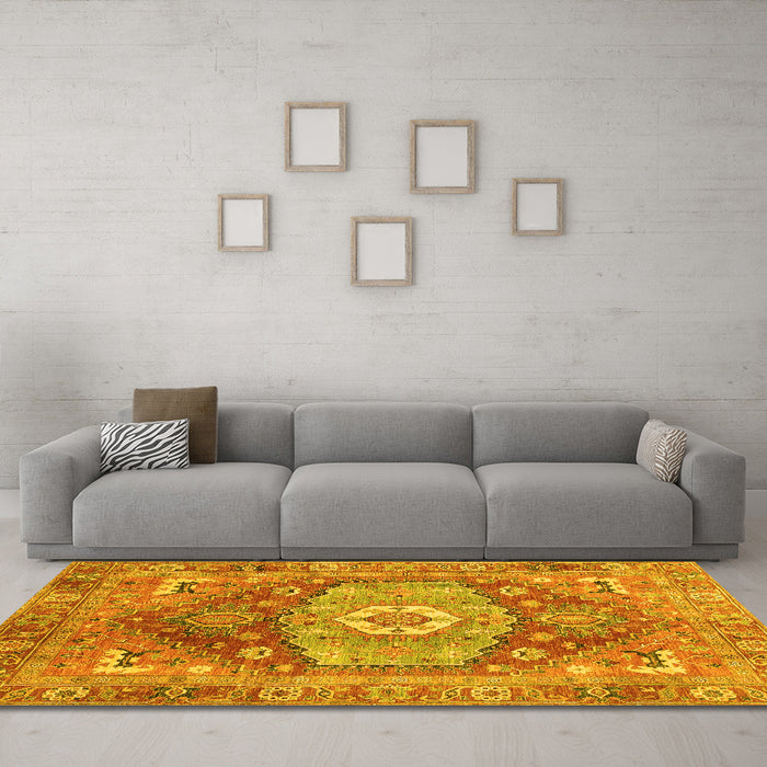 Machine Washable Persian Yellow Traditional Rug in a Living Room, wshabs4007yw