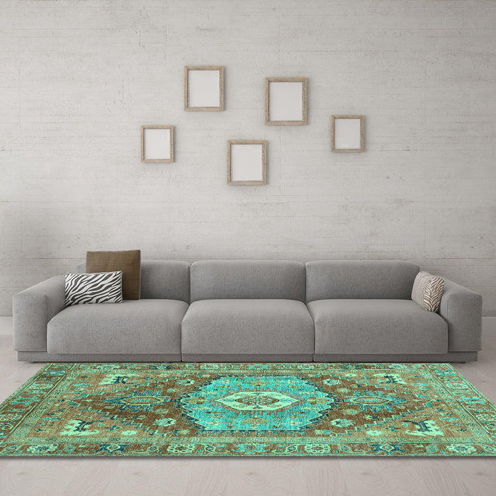 Machine Washable Persian Turquoise Traditional Area Rugs in a Living Room,, wshabs4007turq