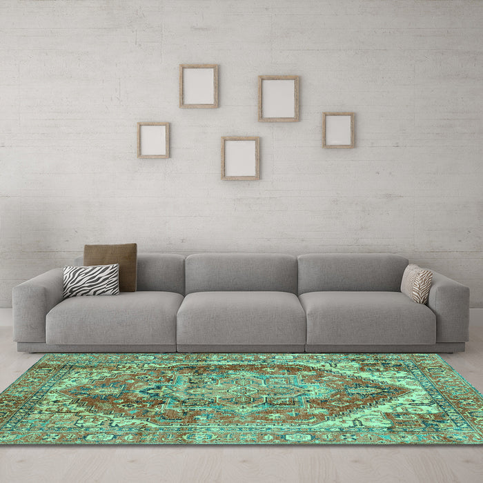 Machine Washable Persian Turquoise Traditional Area Rugs in a Living Room,, wshabs4008turq
