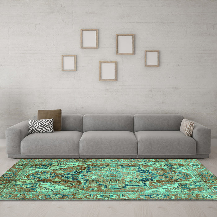 Machine Washable Persian Turquoise Traditional Area Rugs in a Living Room,, wshabs4009turq