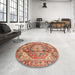 Round Machine Washable Abstract Red Rug in a Office, wshabs4009