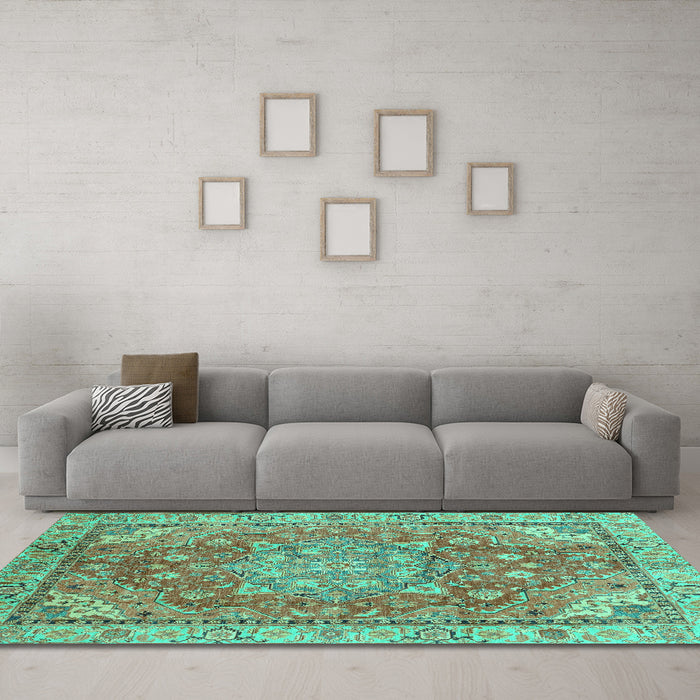 Machine Washable Persian Turquoise Traditional Area Rugs in a Living Room,, wshabs4010turq
