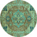 Round Machine Washable Persian Turquoise Traditional Area Rugs, wshabs4012turq