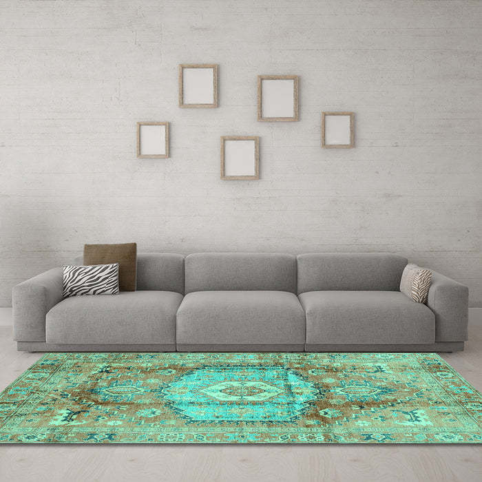 Machine Washable Abstract Turquoise Modern Area Rugs in a Living Room,, wshabs4013turq