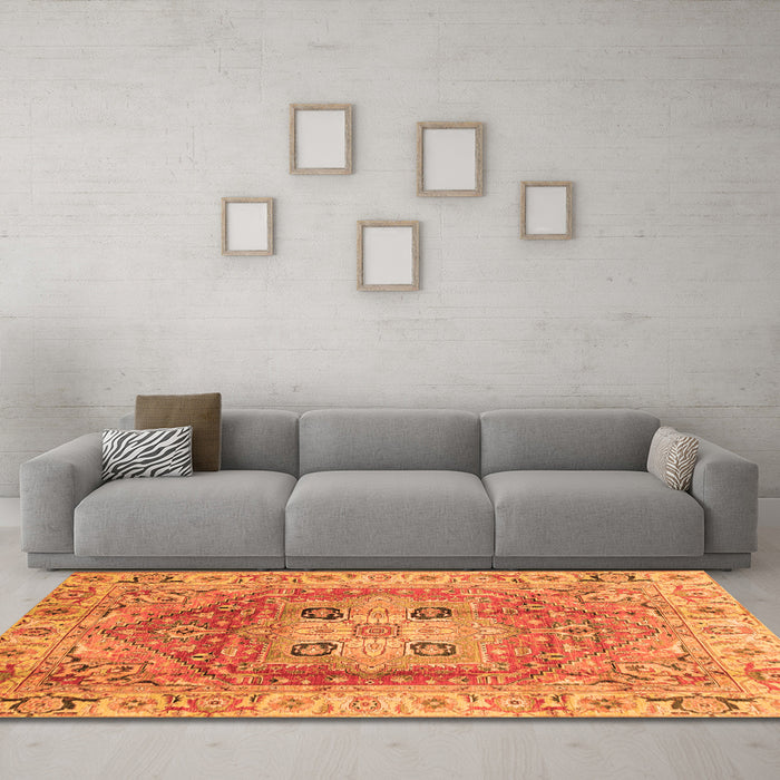 Machine Washable Abstract Orange Modern Area Rugs in a Living Room, wshabs4014org
