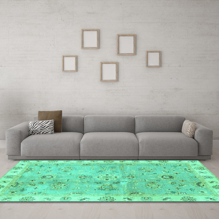 Machine Washable Oriental Turquoise Traditional Area Rugs in a Living Room,, wshabs4016turq