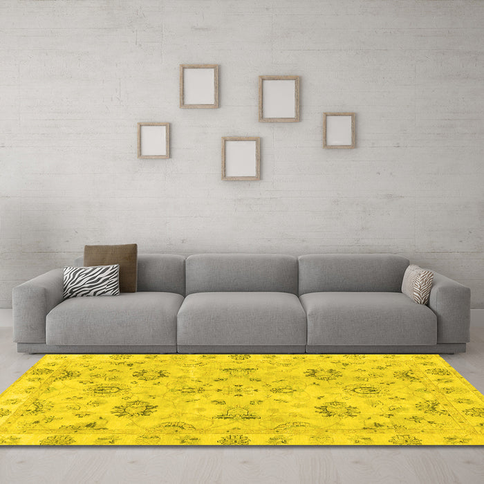 Machine Washable Oriental Yellow Traditional Rug in a Living Room, wshabs4017yw