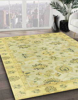 Abstract Mustard Yellow Oriental Rug in Family Room, abs4017