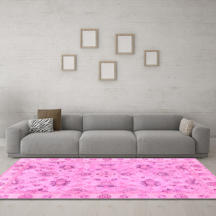 Machine Washable Oriental Pink Traditional Rug in a Living Room, wshabs4017pnk