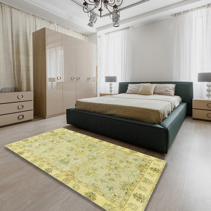 Abstract Mustard Yellow Oriental Rug in a Bedroom, abs4018
