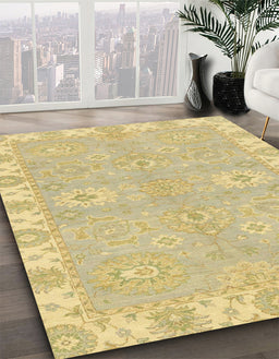 Abstract Chrome Gold Yellow Oriental Rug in Family Room, abs4019